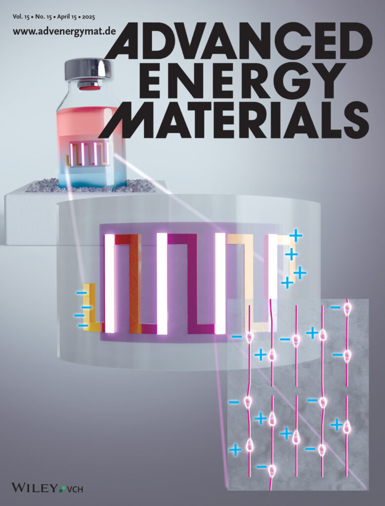 Scientific journal cover illustration inspired by the work of Nathan James Pataki, Mario Caironi, and co-workers, visualizing ultra-thin, label-like thermoelectric generators made from aligned organic polymers. These flexible films convert small temperature differences into electricity — the beauty of soft, printable electronics shaping a sustainable future.