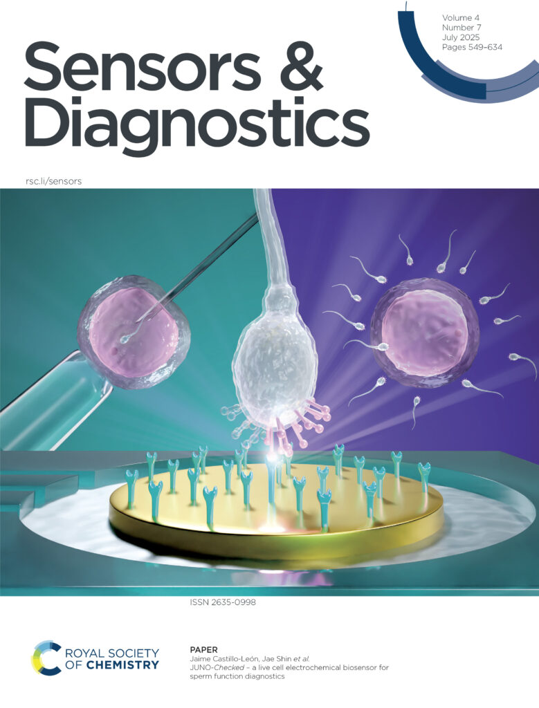 Scientific journal cover illustration inspired by the work of Jaime Castillo-León, Jae Shin, and co-workers from Spermosens AB, visualizing JUNO-Checked — a live-cell electrochemical biosensor that measures sperm function to guide personalized assisted reproduction treatments.